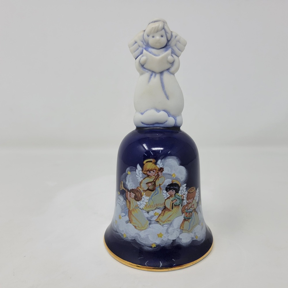 Vintage 1992 Avon Christmas Bell Cobalt‎ Blue Porcelain Singing Angels Gold Trim